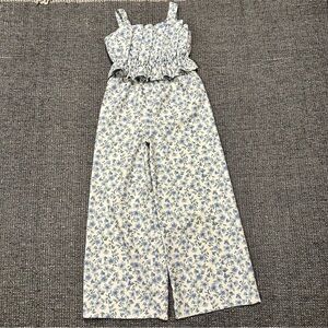 Cynthia Rowley Blue and White Floral Smocked Jumpsuit